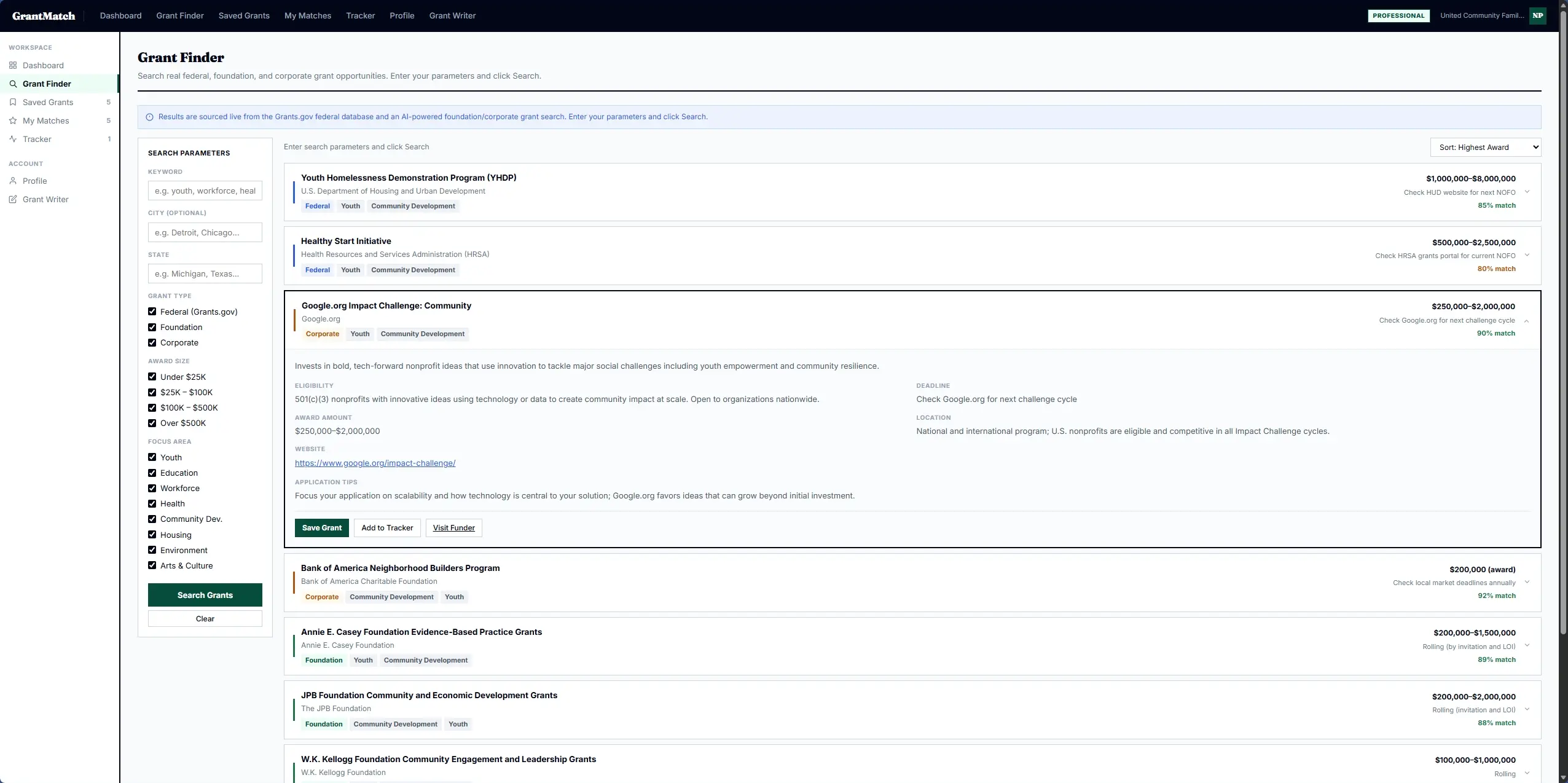 Grant Finder — search results with match scores