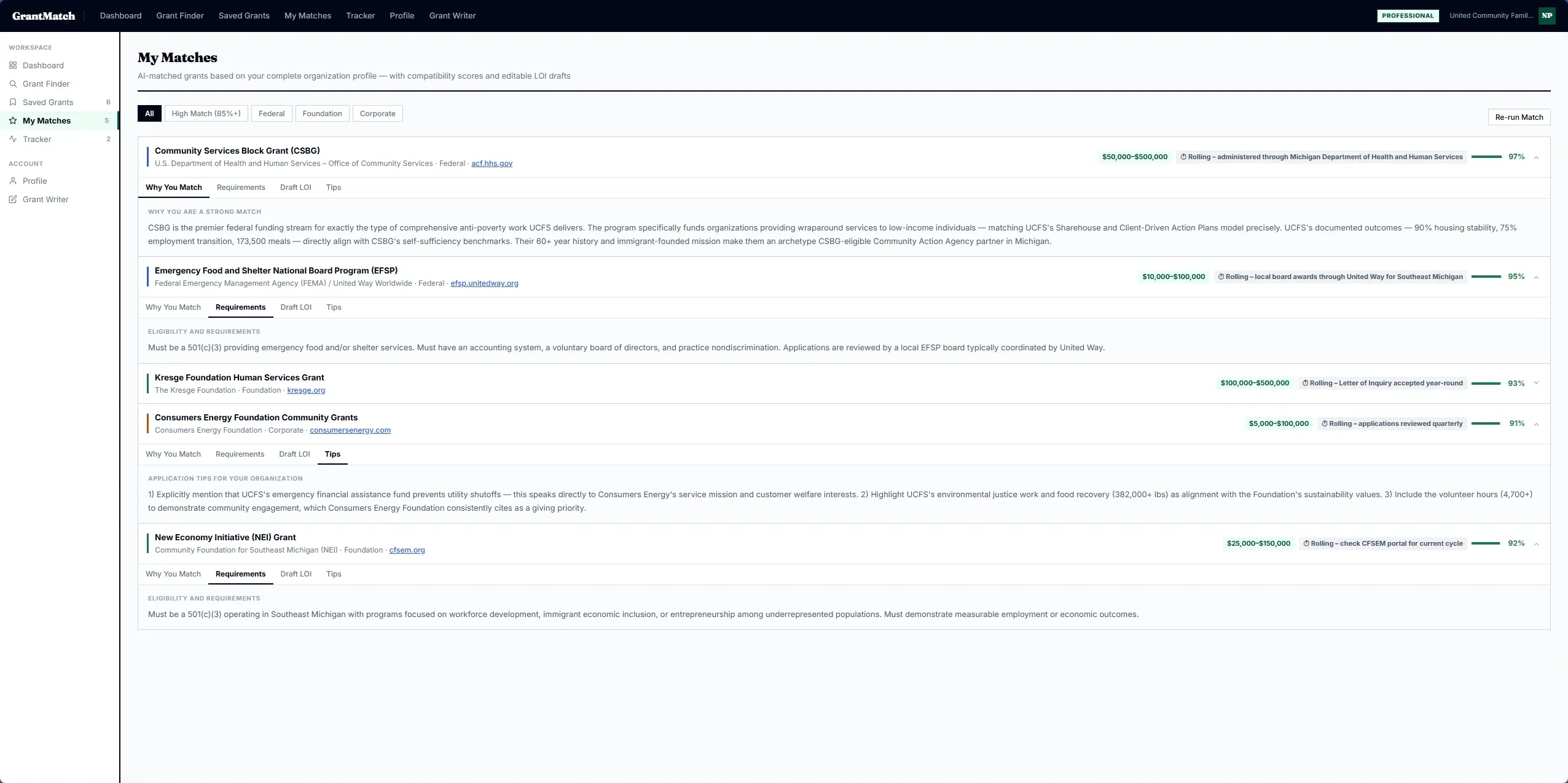 My Matches — AI-matched grants with LOI drafts