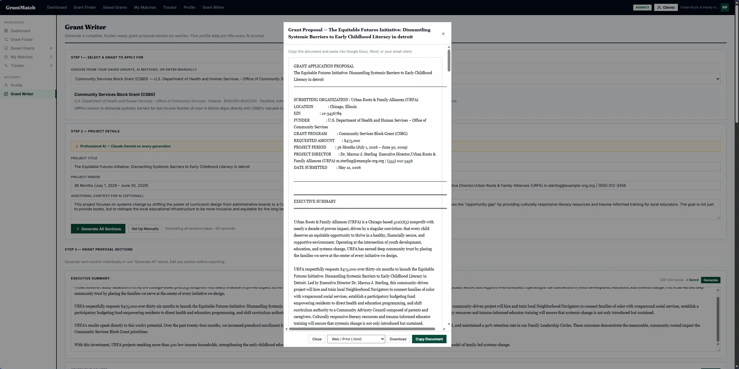 Grant Writer — nine-section proposal output